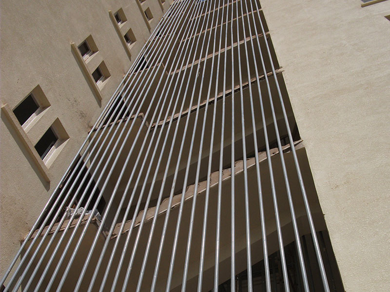 Exterior façade of a tall multi-storey building